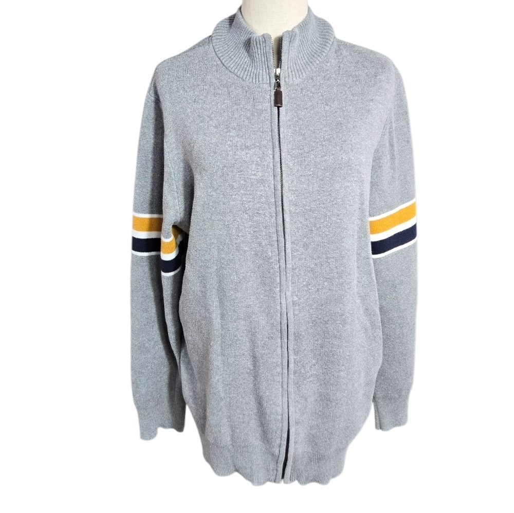Frederick Anderson Copenhagen Gray  Zip Up Sweater with Striped Sleeves